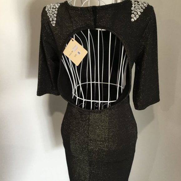Woman's Dress Backless Bling BNWT form-Fitting Mini Black Gold Slide Sho… - Picture 3 of 5